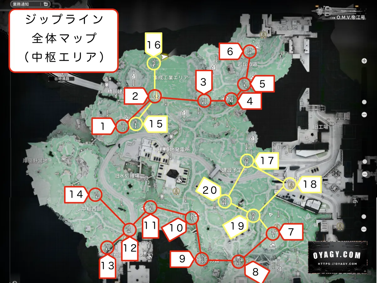 【Endfield】中枢エリアのジップライン配置全体マップ